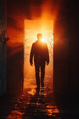 Wall Mural - a person stands in front of a large open door in a dark room