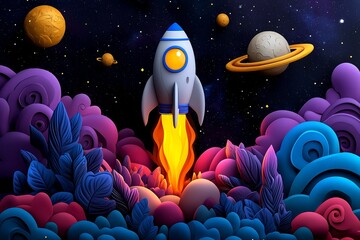 Whimsical, cartoonish illustration of a whimsical space adventure with friendly aliens and cosmic landscapes, clipart, imaginative