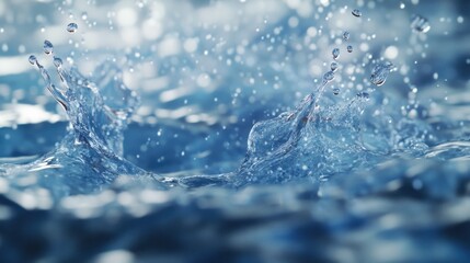 3D-rendered clear blue water splashes with intricate, transparent detail and frozen motion effects.