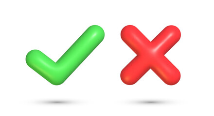 3d green tick and red cross sign. Vector icon set of right and wrong mark. Realistic correct and incorrect symbols