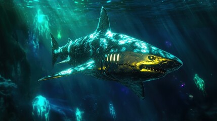 Wall Mural - A shark is swimming in a dark blue ocean with a bright yellow mouth