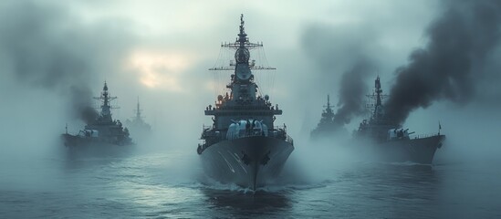 Military Ships Sailing Through Fog