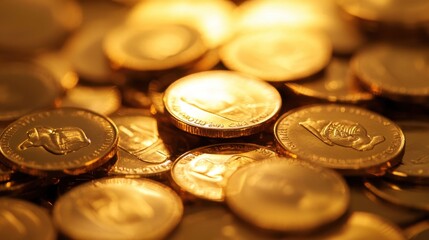 a heap of shining gold coins with soft shadows on a clean reflective surface, emphasizing wealth and