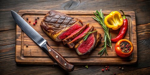 Wall Mural - Freshly cooked steak with peppers on a cutting board with a knife