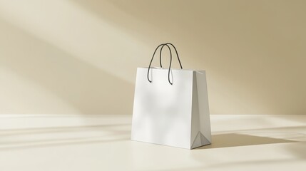 Wall Mural - Blank white shopping bag mockup with soft lighting and minimal shadows, positioned against a neutral background for product design.