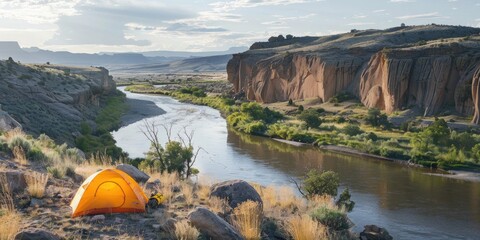 Wall Mural - Group of individuals relishing a weekend camping excursion with a tent next to a winding river and a canyon, getting ready for an overnight adventure.