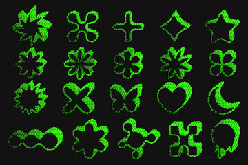 Poster - Bitmap pattern shapes. Heart star and flowers halftone gradient elements on dark background. Y2k graphic abstract icons. Dither noisy star with grunge texture.