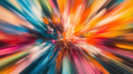 Abstract explosive burst of color with sharp, fragmented shapes radiating from a central point, blending vibrant shades in a blurry motion.