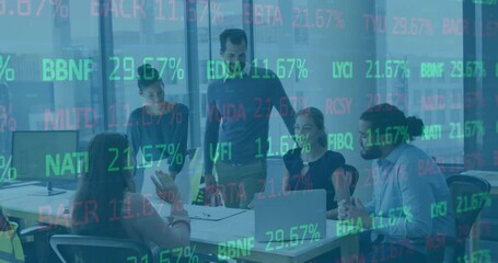 Poster - Animation of financial data processing over diverse business people in office