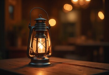 Wall Mural - Traditional lantern glowing with warm light, with copy space