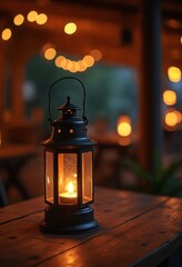 Traditional lantern glowing with warm light, with copy space