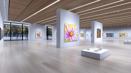 AI-generated artwork displayed in a modern, virtual art gallery