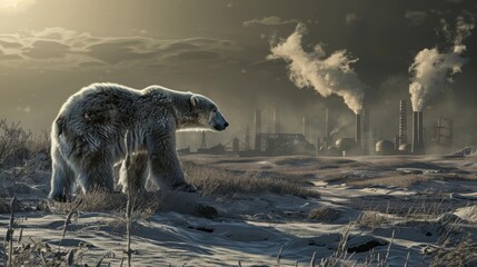 polar bear in abandoned land background, global warming concept