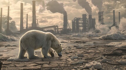 polar bear in abandoned land background, global warming concept