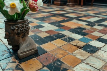 Wall Mural - Worn Vintage Concrete Tiles with Floral Mosaic Texture