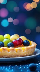 A close-up of a delicious fruit tart with blueberries, green grapes, and red grapes on a white plate against a colorful bokeh background.