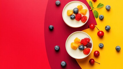 Two bowls of creamy white panna cotta topped with fresh mango, raspberries, and blueberries against a vibrant red, yellow, and burgundy background.