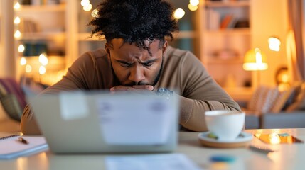 Wall Mural - Contemplative businessman analyzing document on computer screen for problem-solving