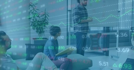 Poster - Animation of financial data processing over diverse business people in office