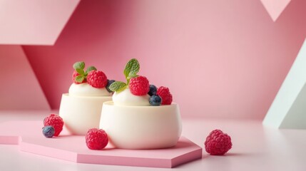 Two white chocolate mousse desserts topped with raspberries and blueberries, set against a pink and green geometric background.