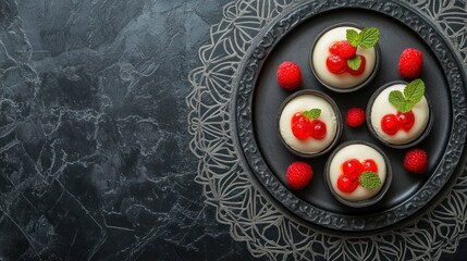 Four creamy white panna cotta desserts with fresh raspberries and mint leaves on a black plate.