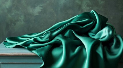 Poster - Emerald green silk fabric draped on table, interior decor concept