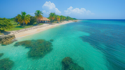 A beautiful beach with palm trees and a clear blue ocean. The water is calm and the sky is clear