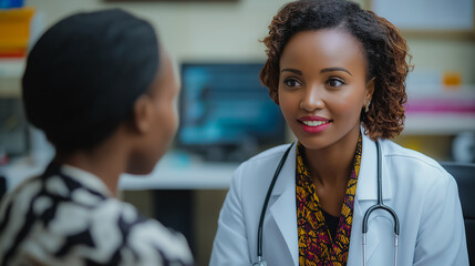 Poster - A woman is talking to a doctor in a white lab coat. The doctor is smiling and the woman is smiling back. Scene is positive and friendly