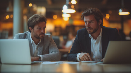 Two men are sitting at a table with laptops in front of them. They are both wearing suits and looking at their laptops. Scene is focused and serious, as the men are likely working on important tasks