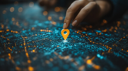 Poster - A hand is pointing to a yellow dot on a blue background. The dot is a GPS marker