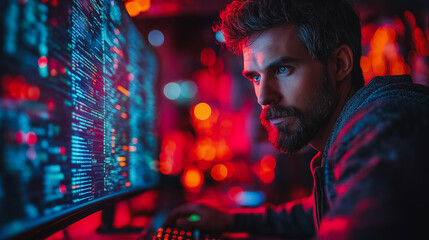 Poster - A man is looking at a computer screen with a lot of numbers and letters on it. He is focused on the screen and he is working on something. Concept of concentration and productivity