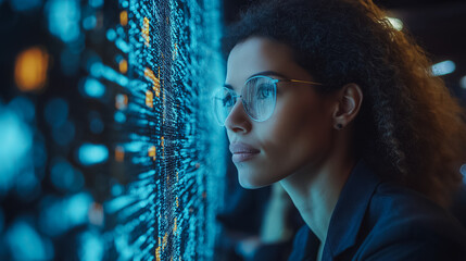 Poster - A woman with glasses looking at a computer screen with a blue background. Concept of focus and concentration as the woman stares at the screen