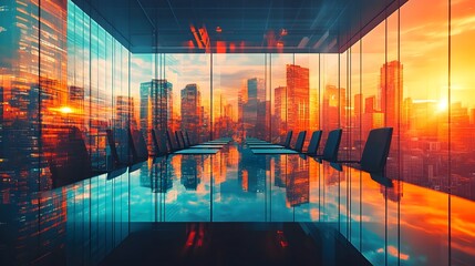 Wall Mural - Cityscape Sunset Reflection in Modern Office Meeting Room