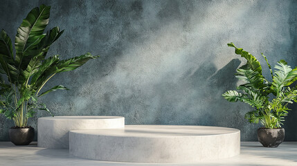 Wall Mural - simple mockup empty podium set with tropical plants