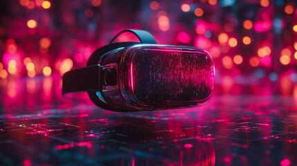 Aufkleber - A virtual reality headset is suspended in the air, surrounded by a colorful, glowing background. The headset is the main focus of the image, and it is floating above a dark, futuristic setting
