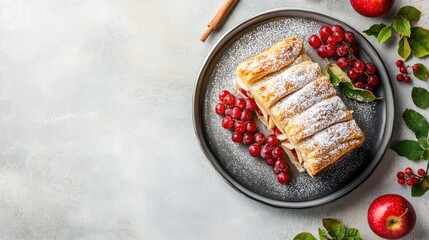 A delicious pastry with red berries and powdered sugar on a gray plate with a gray background.