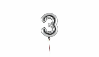 Wall Mural - A large silver number 3 balloon against a white background