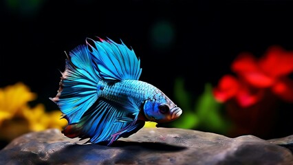 Wall Mural - Blue Siamese Fighting Fish on a Rock with a Blurry Background