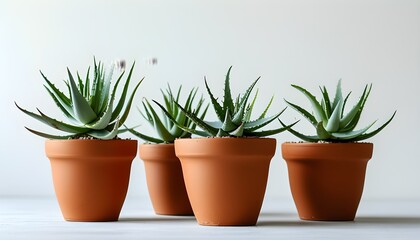 Wall Mural - Aloe Vera Plants in Terracotta Pots Against a Clean White Background