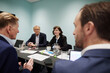 © Johnér - Corporate colleagues looking at mature businessman during discussion in office