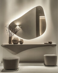 Wall Mural - a modern minimalist console, soft lighting and a gray color scheme. The wall is white, adorned with elegant vases on the table. A large mirror hangs above it.