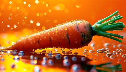 Vibrant scene of fresh carrots glistening with water droplets against a bright orange backdrop