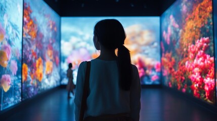 AI-guided virtual museum tour with interactive, customizable exhibits: Visitors experiencing a fully digital museum with personalized content.