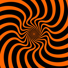 Poster - Psychedelic Halloween spiral pattern. Vector optical illusion background with black and orange continuous flowing waves or lines, creating captivating visual effect of distortion and trippy vibes