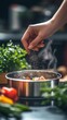 © Alex - Close-up of a hand seasoning freshly cooked vegetables in a steaming pot, surrounded by herbs and ingredients.