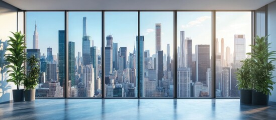 Wall Mural - Modern skyline view from a high rise window showcasing luxury real estate Empty room interior with a panorama of skyscrapers in daylight 3D rendering