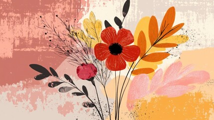 Wall Mural - Autumn leaves and flowers in a flat design with an abstract background featuring a hand drawn artistic bouquet and leaf elements