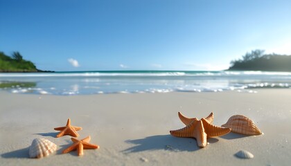 Serene beachscape featuring seashells and starfish on soft sand beneath a clear blue sky and turquoise waves, illuminated by gentle morning light