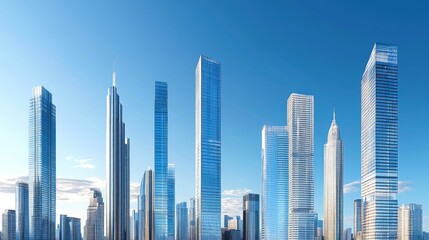 City skyline concept featuring a collection of 6 detailed images of contemporary skyscrapers against a blue background 3D rendering of architectural structures