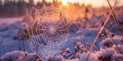 Sticker - Winter sunrise illuminating a spider web